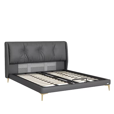 Modern Double Bed With Upholstered Leather Headboard Tufted Details And Gold Metal Legs 3d model