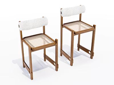 Two Wooden Frame Bar Stools With White Woven Seat And Backrest 3d model