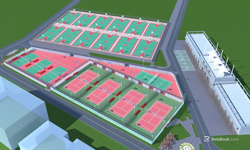 Outdoor Tennis Courts With Multiple Green And Red Surfaces For Fitness Sports Activity 3d model 