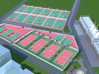 Outdoor Tennis Courts With Multiple Green And Red Surfaces For Fitness Sports Activity 3d model