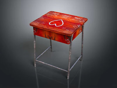 Red Side Table With White Heart Pattern On Top And Metal Legs 3d model