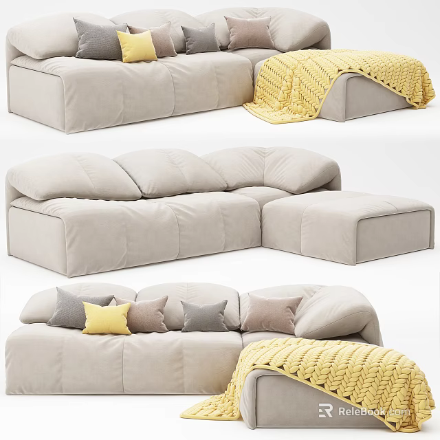 Light Gray Modern Sectional Sofa with Soft Throw Pillows and Cozy Yellow Blanket 3d model
