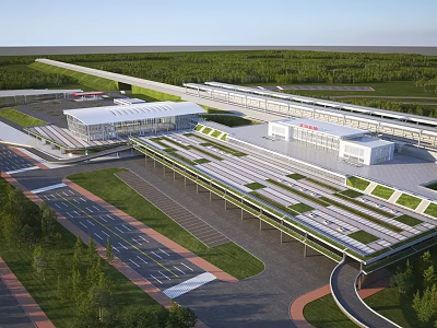 Aerial Planning of Modern Transportation Hub with Green Roofs Parking Lot and Surrounding Green Areas 3d model