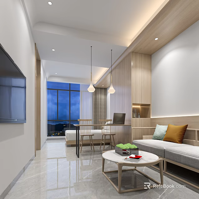 Modern Apartment Interior Design With Living Room Dining Area And Floor to Ceiling Windows 3d model 