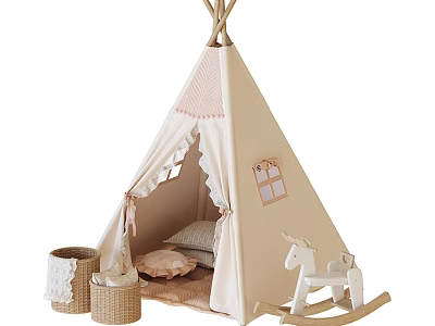 Kids Teepee Tent with Ruffled Edges Pillows Wicker Baskets Rocking Horse for Children's Playroom 3d model