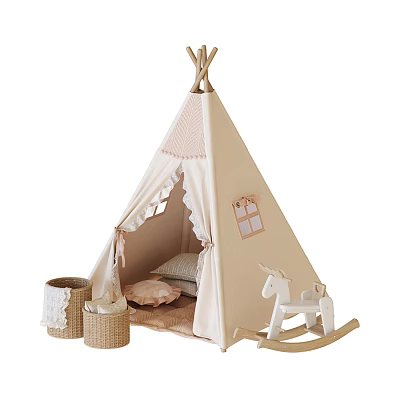Kids Teepee Tent with Ruffled Edges Pillows Wicker Baskets Rocking Horse for Children's Playroom 3d model