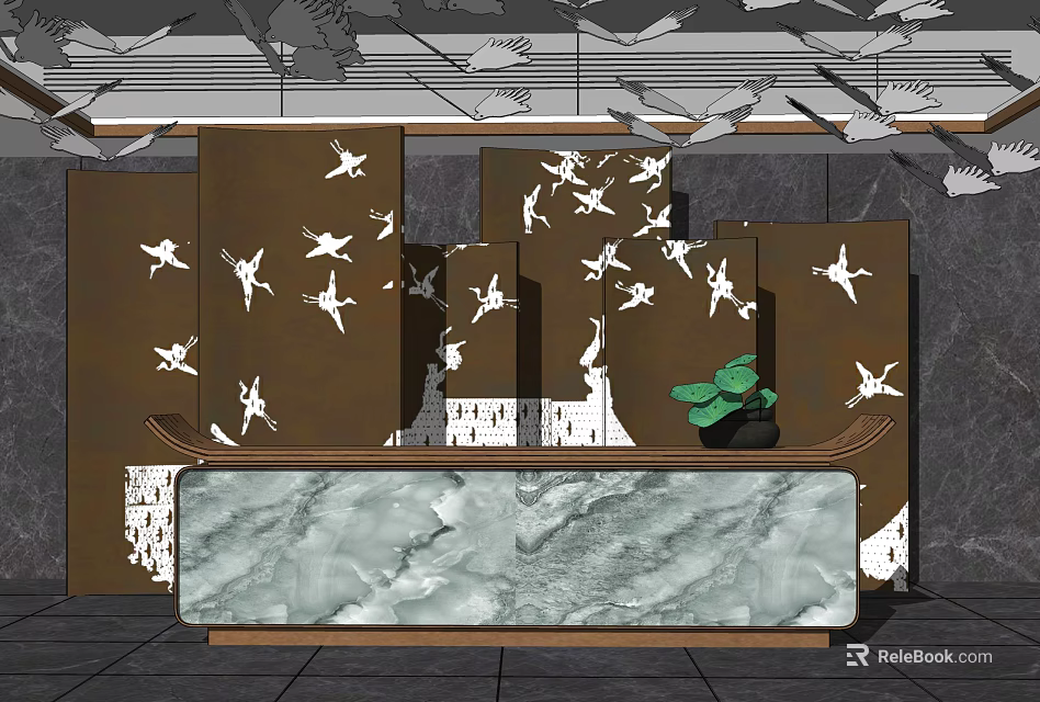 Elegant Reception Desk With Marble Countertop Brown Panels White Bird Patterns And Green Plant 3d model 