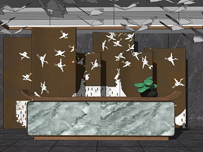 Elegant Reception Desk With Marble Countertop Brown Panels White Bird Patterns And Green Plant 3d model