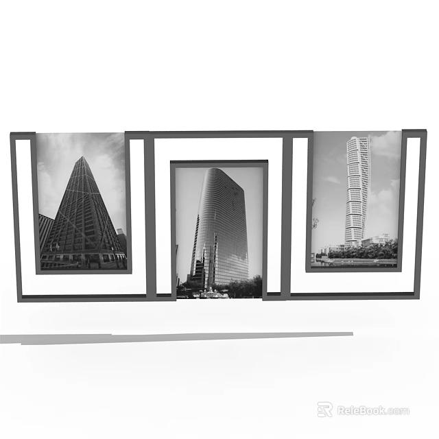 Three Black And White Photo Frames Displaying Urban Skyscraper 3d model 