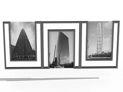 Three Black And White Photo Frames Displaying Urban Skyscraper 3d model