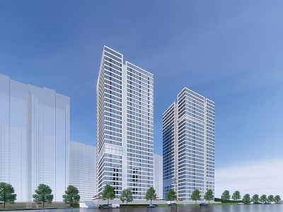 Modern High Rise Office Buildings With Blue Sky White Clouds And Green Trees 3d model