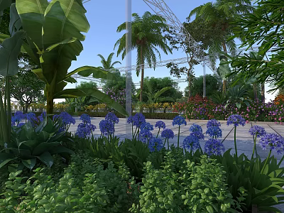 Lush Vibrant Tropical Garden Landscape With Blue Flowers Palm Trees And Metal Pergola 3d model