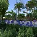 Lush Vibrant Tropical Garden Landscape With Blue Flowers Palm Trees And Metal Pergola