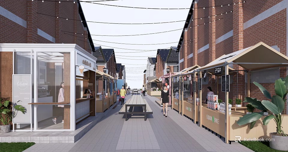 Charming Commercial Street with Red Brick Buildings Black Roofs Stalls Awnings and Pedestrians 3d model 
