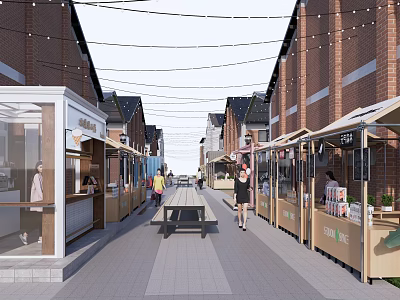 Charming Commercial Street with Red Brick Buildings Black Roofs Stalls Awnings and Pedestrians 3d model