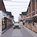 Charming Commercial Street with Red Brick Buildings Black Roofs Stalls Awnings and Pedestrians