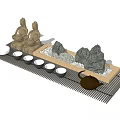 Zen Style Tea Set with Stone Statues Teapot Four Teacups Wooden Tray on Bamboo Mat