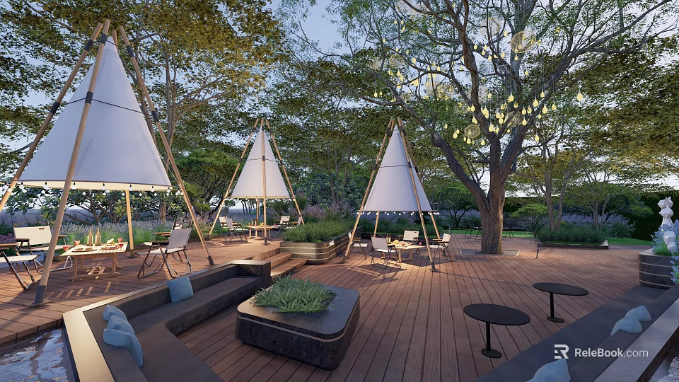 Garden Landscape With Teepees Wooden Deck Outdoor Seating And String Lights 3d model
