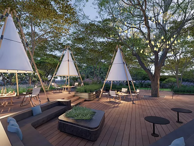 Garden Landscape With Teepees Wooden Deck Outdoor Seating And String Lights 3d model