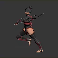 Woman in red black outfit holding two swords with dark hair in dynamic fighting stance