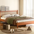 Natural Wood Double Bed With White Pillows Green Blanket And Children's Toys In Bright Room