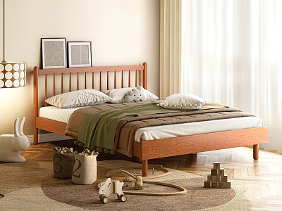 Natural Wood Double Bed With White Pillows Green Blanket And Children's Toys In Bright Room 3d model