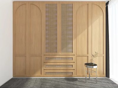 Natural Light Wood Decorative Cabinet With Lattice Design And Side Table Plant 3d model