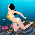 Game Movie Character in Yellow Swimsuit Leaping Backward in Underwater Scene with Coral and Jellyfish