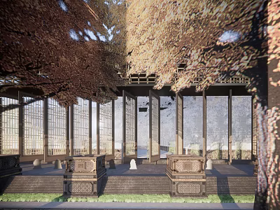 Traditional Entrance Gate Design With Wooden Grilles Stone Steps And Surrounding Trees 3d model