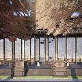 Traditional Entrance Gate Design With Wooden Grilles Stone Steps And Surrounding Trees
