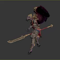 Mythical Armored Warrior And Winged Creature With Red Gold Armor Vibrant Wings And Weapon