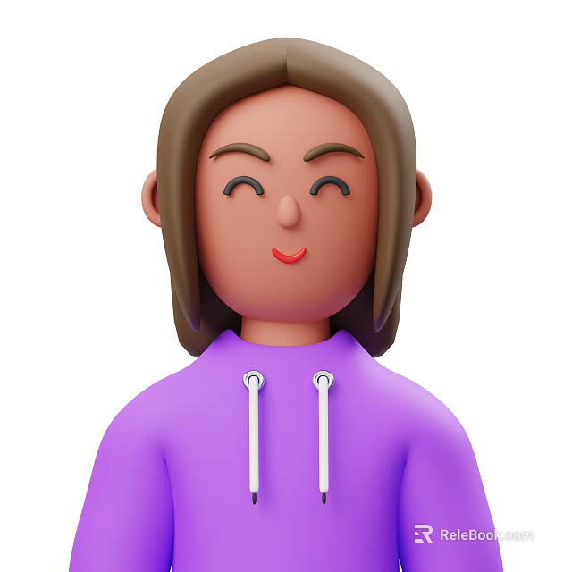Cartoon Woman with Long Brown Hair Smiling Closed Eyes in Purple Hoodie with White Drawstrings 3d model 