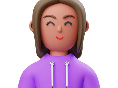 Cartoon Woman with Long Brown Hair Smiling Closed Eyes in Purple Hoodie with White Drawstrings 3d model
