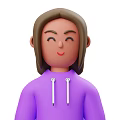Cartoon Woman with Long Brown Hair Smiling Closed Eyes in Purple Hoodie with White Drawstrings