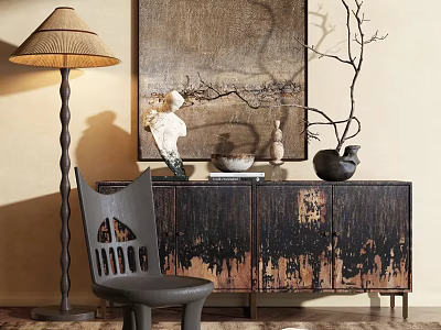 Artistic Entryway Console Table With Dark Distressed Texture Accent Chair Floor Lamp And Decorative Art 3d model