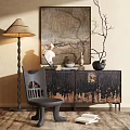 Artistic Entryway Console Table With Dark Distressed Texture Accent Chair Floor Lamp And Decorative Art