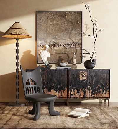 Artistic Entryway Console Table With Dark Distressed Texture Accent Chair Floor Lamp And Decorative Art 3d model