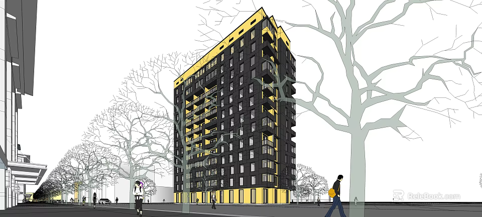 Modern Urban Yellow And Black Apartment Building Exterior Design With Trees And Pedestrians 3d model 
