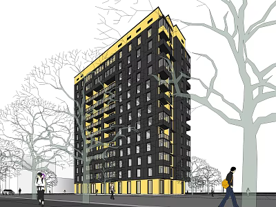 Modern Urban Yellow And Black Apartment Building Exterior Design With Trees And Pedestrians 3d model
