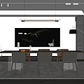 Modern Open Concept Restaurant Interior With Dining Table Chairs Pendant Lights And Greenery 3d model