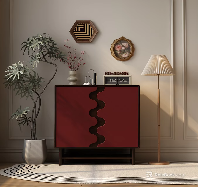 Stylish Red Entryway Console Cabinet With Wavy Design Clock Vase Potted Plant Floor Lamp And Wall Art Decor 3d model 