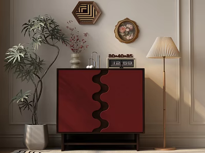 Stylish Red Entryway Console Cabinet With Wavy Design Clock Vase Potted Plant Floor Lamp And Wall Art Decor 3d model