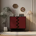 Stylish Red Entryway Console Cabinet With Wavy Design Clock Vase Potted Plant Floor Lamp And Wall Art Decor