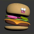 Funny Face Cartoon Hamburger With Lettuce Onion Cheese Patty And Sesame Bun