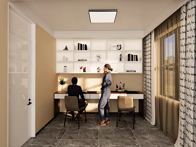 Study Room Interior Design Featuring Desk Chairs White Bookshelves Books Decorations Window Curtains and Lighting 3d model