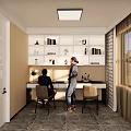 Study Room Interior Design Featuring Desk Chairs White Bookshelves Books Decorations Window Curtains and Lighting