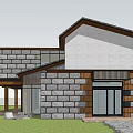 Detached Villa Exterior Featuring Stone Wall Green Plants Modern Traditional Design And Large Windows