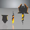 Fantasy Weapons Collection Featuring Shield Sword Axe With Flame Accents And Black Design