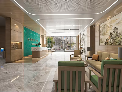 Modern Hospital Outpatient Clinic Lobby With Reception Desk Sofas And Green Plants 3d model