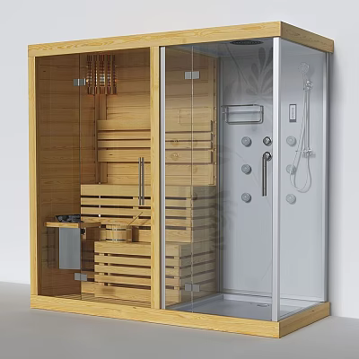 Modern Shower Sauna Interior With Wooden Structure Glass Door And Sauna Seats 3d model